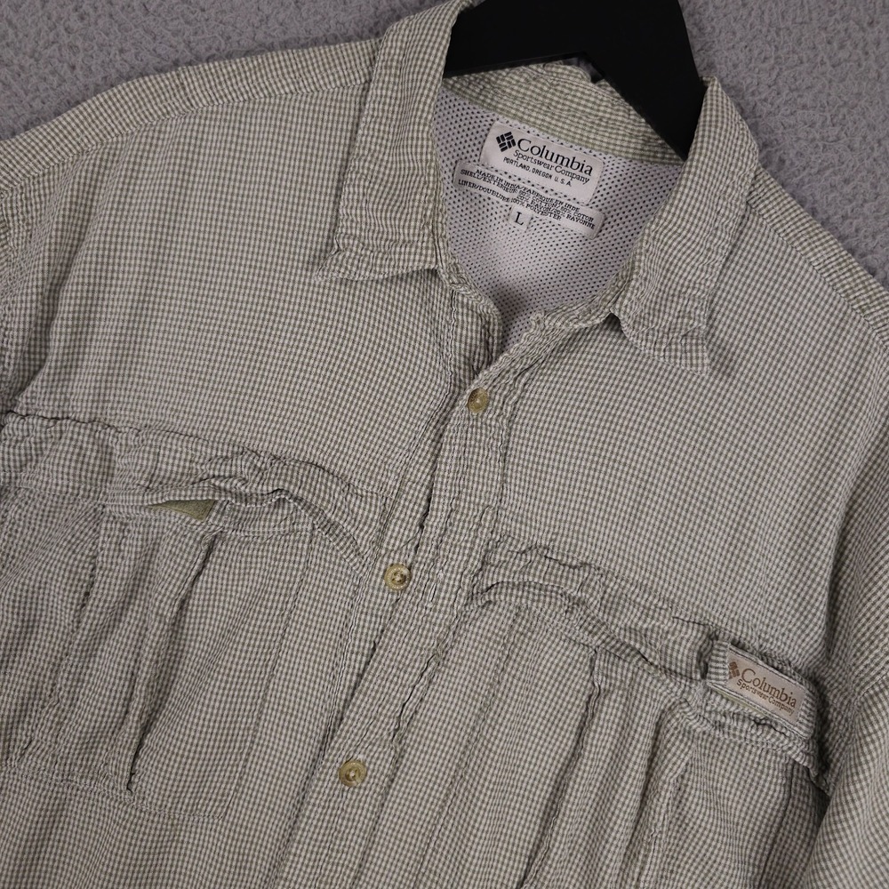 Vintage Columbia Shirt Mens Large Green White Gingham Seersucker Vented FLAW